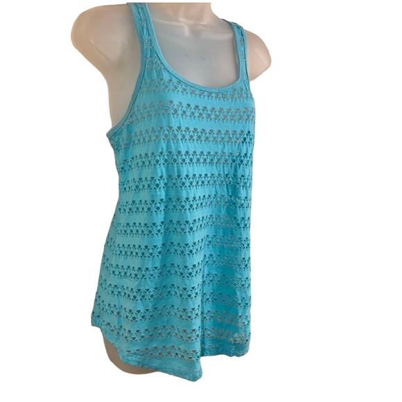 Maurices Y2K 90s Racerback Tank Top Sz M Blue Cutouts Sheer Mesh Open Knit Net - Picture 3 of 6
